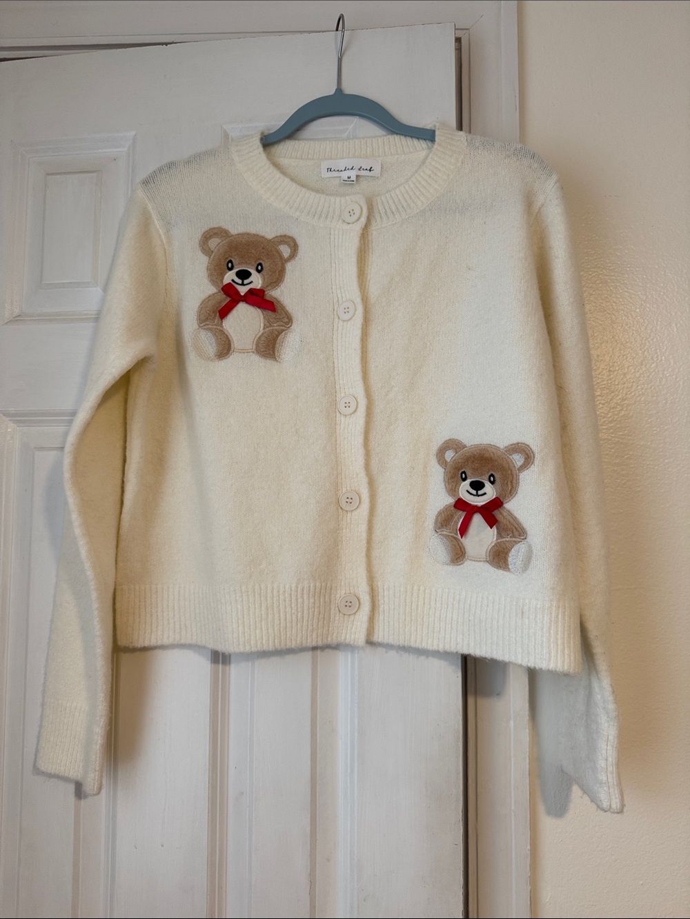 Teddy Bear Cardigan Cream Fuzzy Knit Coquette Sweater size M